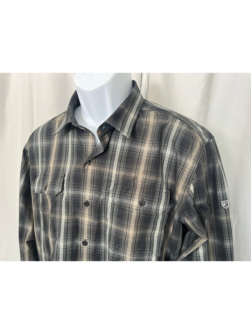 KUHL Eluxur Men's Black Gray Tan Plaid Long Sleeve Shirt Large L EUC